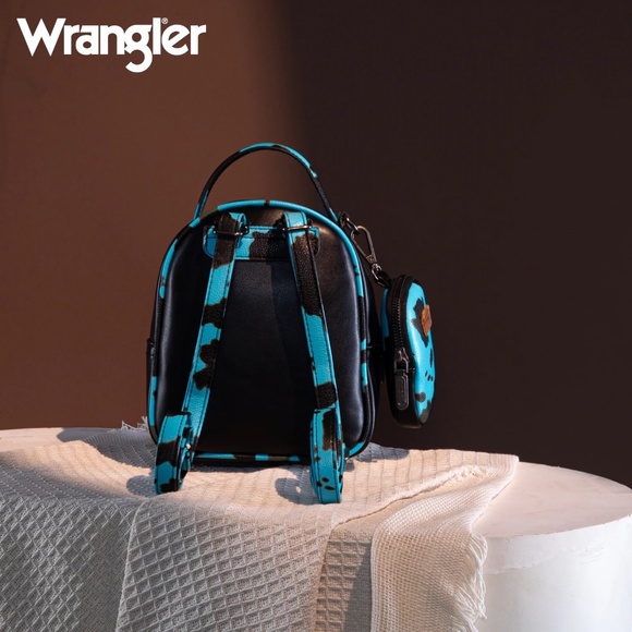 Wrangler Cow Print Trimmed Mini Backpack With Coin Pouch - Turquoise - Picture 2 of 4